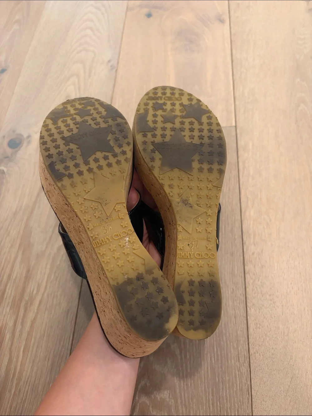 Jimmy Choo Black Patent Cork Wedge Thong Sandals with Gold Toe